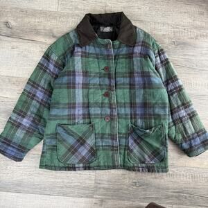 Vtg 90s Chore Jacket Barn Coat Men Medium Corduroy Collar Green Blue Plaid Quilt